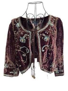 NWT ECI New York Embellished Velvet Cropped Jacket Boho Tie Front Bolero